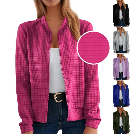 QATAINLAV Back to College Sale, Bomber Jackets for Women Zip Up Long Sleeve Sweatshirt Jacket Casual Waffle Knit Blouse Cardigan Solid Color Outerwear Fall Clothes Purple M