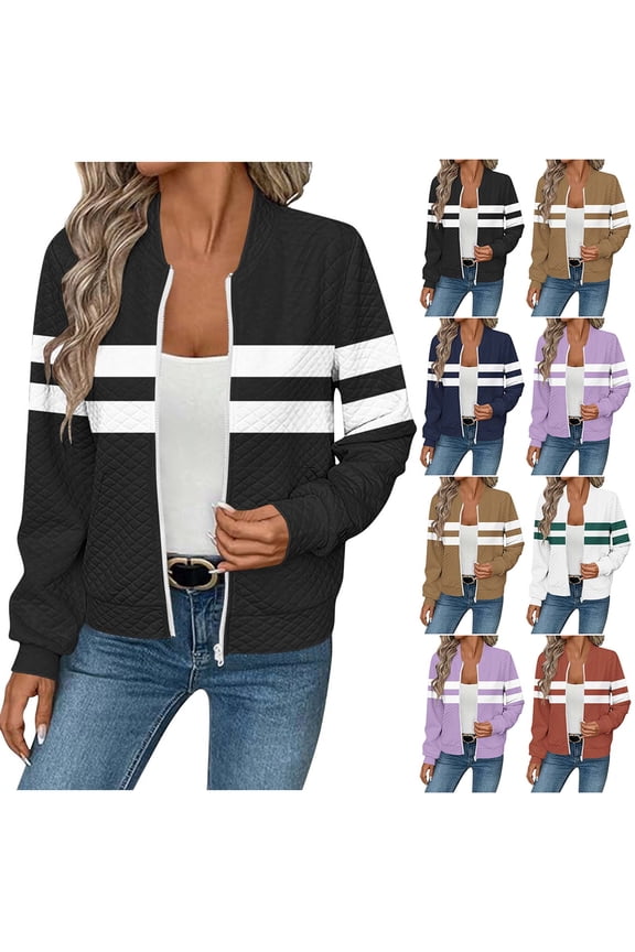 Bomber Jackets for Women Waffle Knit Zip Up Coats Casual Lightweight Baseball Jackets Long Sleeve Fall Outerwear with Pockets