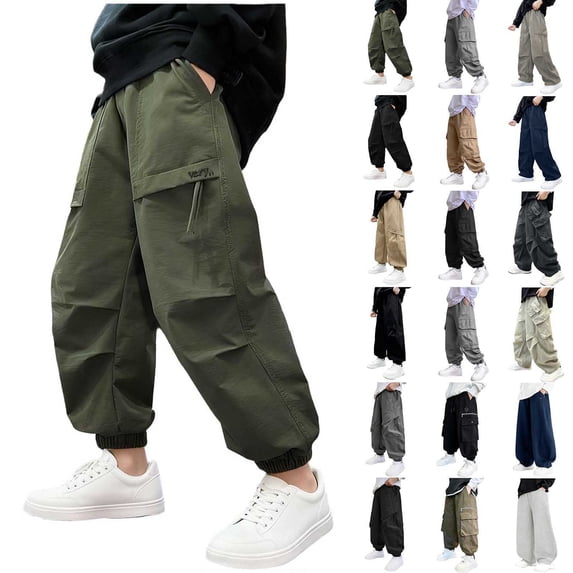 QATAINLAV Boy's Casual Baggy Cargo Pants High Waist Wide Leg Jogger Drawstring Hiking Trousers Hip Hop Pants with Flap Pockets Black,7-8 Years