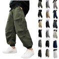 thumbnail image 1 of QATAINLAV Boy's Casual Baggy Cargo Pants High Waist Wide Leg Jogger Drawstring Hiking Trousers Hip Hop Pants with Flap Pockets Khaki,14 Years, 1 of 7