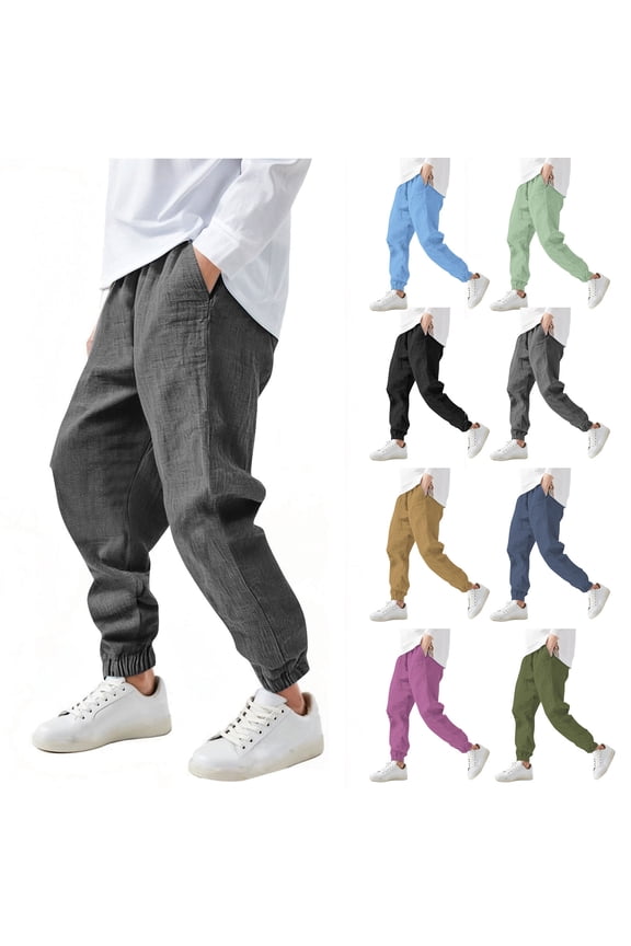 Boys Cotton Linen Pants with Pockets Elastic Waist Drawstring Sweat Jogger Lounge Tapered Leg Harem Pants Trousers Black,7 Years