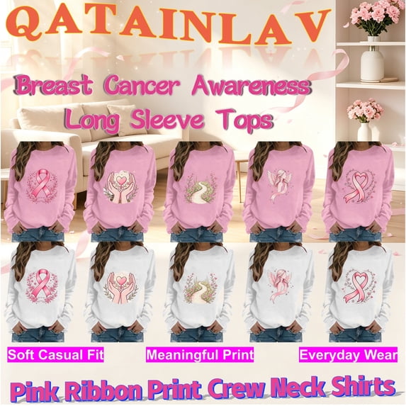 QATAINLAV Breast Cancer Sweatshirt for Woman Pink Ribbon Graphic Print Pullover Casual Crew Neck Long Sleeve Tops White XXL