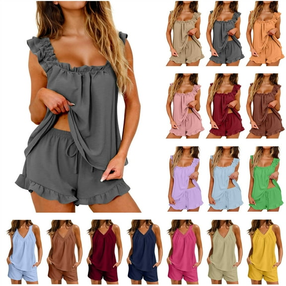 QATAINLAV Bridal Pajama Sets for Women Ruffle Hem Tank Top and Shorts 2 Piece Outfits Solid Color Casual Loose Sleepwear Lounge Set, Khaki, XXL