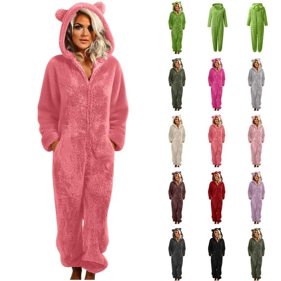 QATAINLAV Brown Womens Fleece Onesie Pajamas Cute Warm Fleece Romper Sleepwear Zipper Ear Hooded Long Playsuit Loungewear