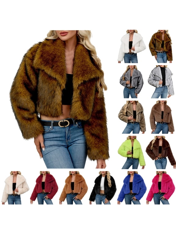 BrownFaux Fur Coat for Women Long Sleeve Fluffy Warm Winter Jacket Casual Lapel Shaggy Cardigan Outerwear L
