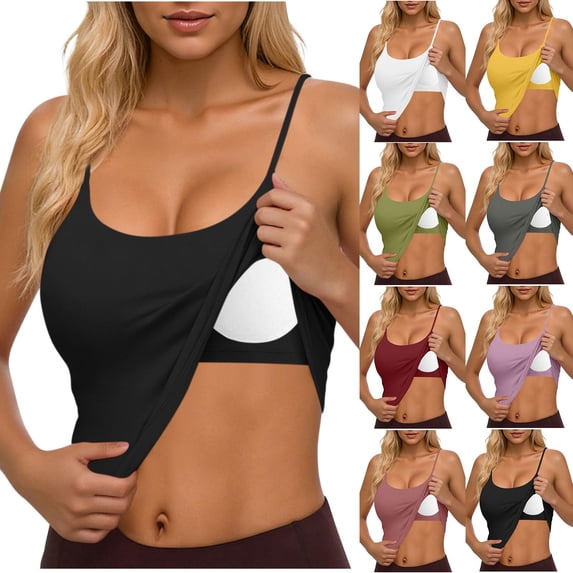QATAINLAV Built in Bra Tank Tops for Women Sleeveless Workout Camis Spaghetti Strap Summer Basic Crop Top White XL