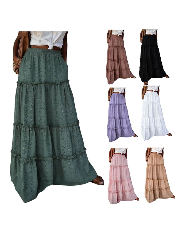 Womens Maxi Skirt Summer Boho Flowy Elastic High Waist Eyelet Tiered Long Skirts with Pockets Casual Vacation Clothes Black XL