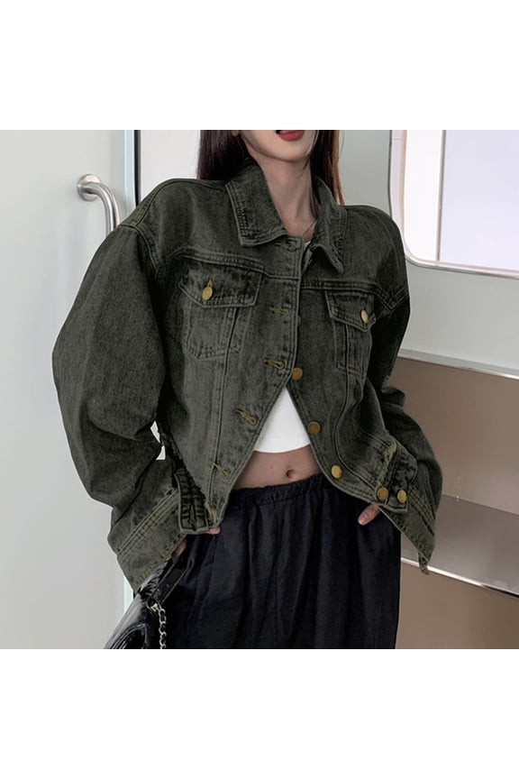 Button Down Denim Jacket for Women Vintage Distressed Casual Jeans Tops Dressy Long Sleeve Collared Outerwear Dark Gray L
