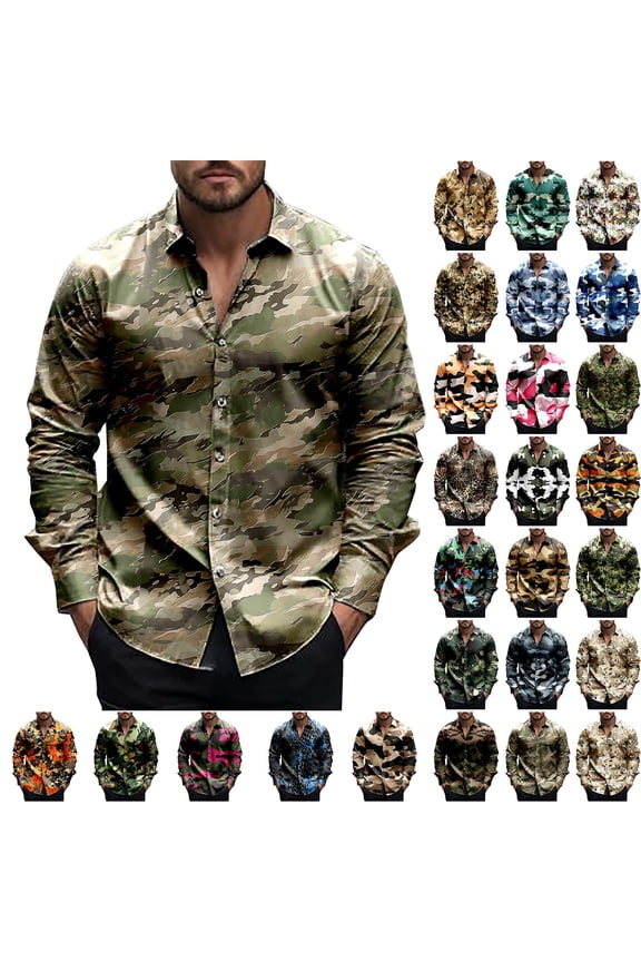 Button Down Shirts for Men 2025 Fashion Camo Graphic Print Blouses Casual Slim Fit Long Sleeve T Shirts Work Dress Shirts Camouflage L Prime Sales