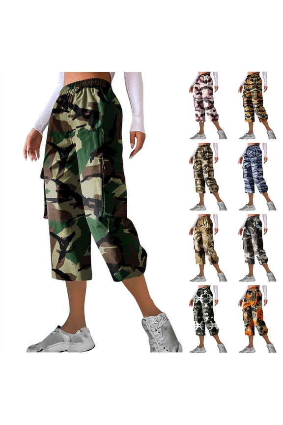 Camo Capri Pants for Women 2026 Casual Elastic Waist Cargo Pants with Pockets Loose Comfy Cropped Trousers Army Green XXXL
