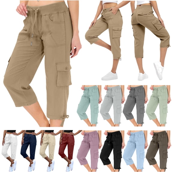 QATAINLAV Capri Cargo Pants Women Baggy Casual Drawsring High Waisted Long Shorts with Pockets Solid Color Multi Pockets Cropped Trousers, Light Blue, XXL