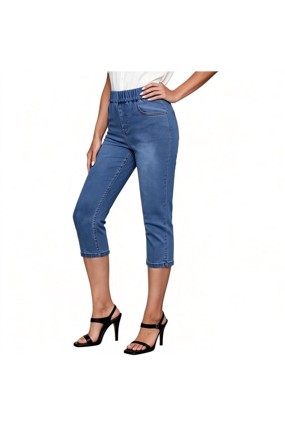 Capri Jeans for Women Pull On Elastic Waist Stretchy Denim Pants Solid Color Casual Slim Fit Capris Jeggings with Pockets Blue XXL
