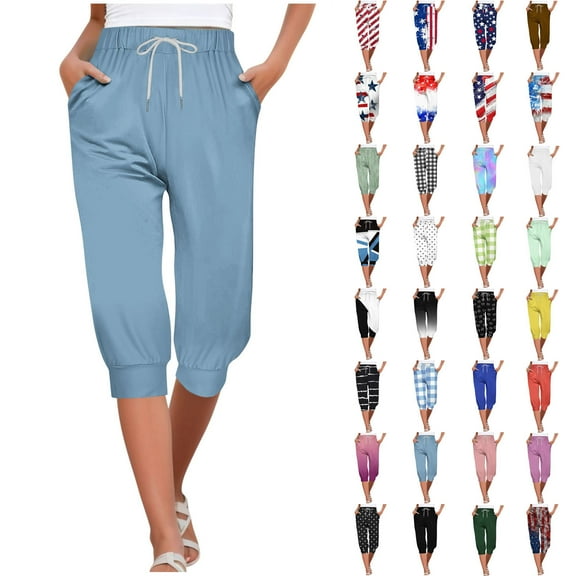 QATAINLAV Capri Joggers for Women with Pockets Casual Drawstring High Waist Capris Fashion Stripe Print Yoga Sweat Shorts 2024 Casual Knee Length Pajama Pant Big Deal Days Blue L