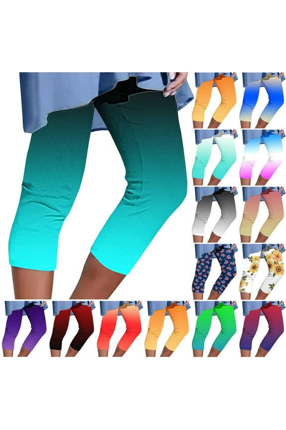 Capri Leggings for Women 2024 Summer Casual Stretch High Waisted Yoga Pants Trendy Gradient Print Capris Milk Silk Buttery Soft Cropped Leggings Today Sales Yellow 3XL