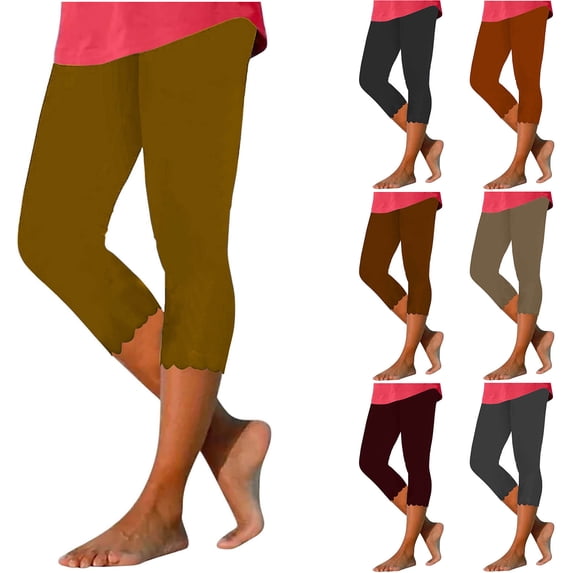 QATAINLAV Capri Leggings for Women Basic Solid Color Cropped Bottom Pants Summer Stretch High Waisted Yoga Pants Buttery Soft Athletic Legging Capris Summer Savings Wine L