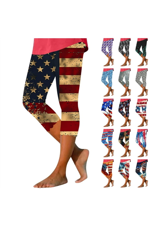 Capri Leggings for Women Independence Day Printed Legging Cropped Pants Tummy Control High Waisted Tight Capris Multicolor XL Mothers Day Gifts