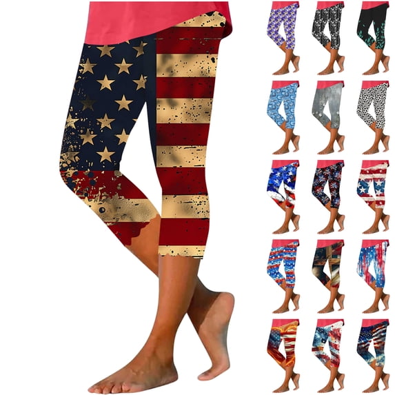 QATAINLAV Capri Leggings for Women Independence Day Printed Summer Cropped Pants Tummy Control High Waisted Legging Capris Blue XL Ropa de Verano Para Mujer