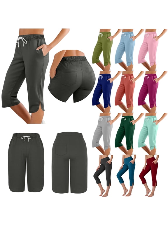 Capri Leggings for Women Petite Knee Length Summer Casual Side Slit Cropped Pants Athletic Workout Tummy Control Stretch Yoga Pants with Pockets Black S