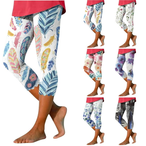 QATAINLAV Capri Leggings for Women Summer Elastic Waist Slim Fit Yoga Bottom Pants Trendy Prints Cropped Legging Casual Workout Capris Prime Deals Green XXL