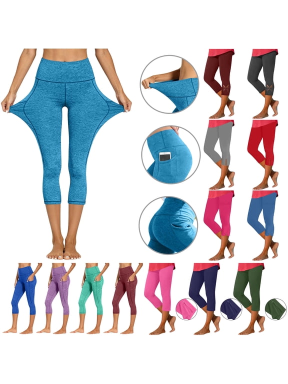 Women's Capri Yoga Pants with Pockets Solid Color High Waisted Leggings Gym Butt Lifting Workout Tight Bottoms Blue XL