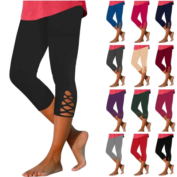 QATAINLAV Capri Leggings for Women Cutout Yoga Capris Solid Casual Cropped Pants Vacation Lounge Pajamas Pants Purple XL Lightning Sales Today