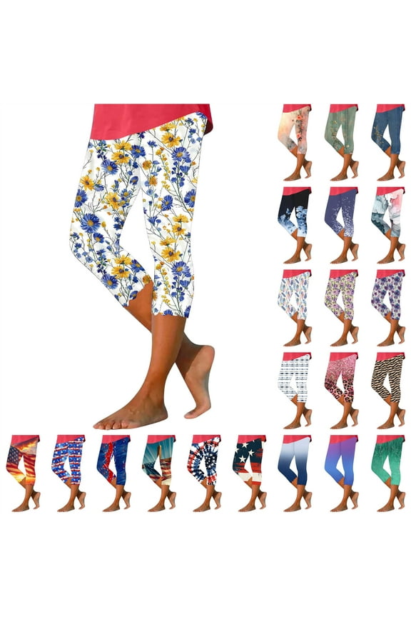 Capri Leggings for Women Floral Print High Waist Tummy Control Capris Summer Comfy Stretch Cropped Yoga Pants Red XXL Mothers Day Gifts