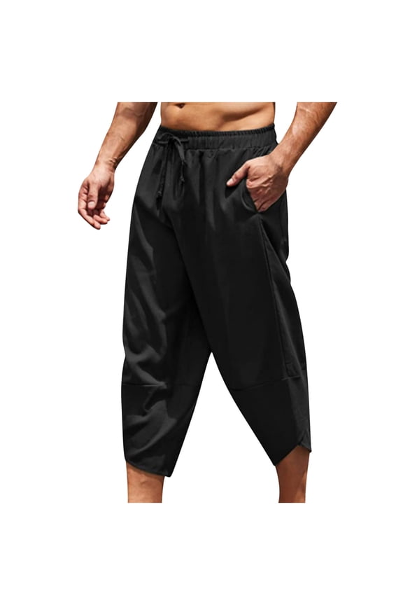 Capri Pants for Men Linen Comfy 3/4 Length Beach Pants Summer Basic Solid Color Tapered Pants with Pockets Casual Drawstring Capris Pant Lightning Sale Black M