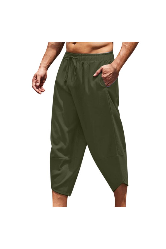 Capri Pants for Men Linen Comfy 3/4 Length Beach Pants Summer Basic Solid Color Tapered Pants with Pockets Casual Drawstring Capris Pant Pantalones Para Hombre Army Green XL
