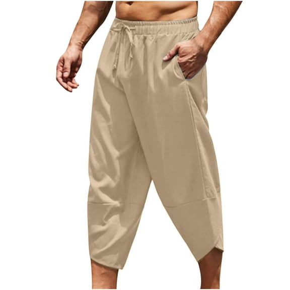QATAINLAV Capri Pants for Men Linen Comfy 3/4 Length Beach Pants Summer Basic Solid Color Tapered Pants with Pockets Casual Drawstring Capris Pant Pantalones Cargo Para Hombres Khaki XXL