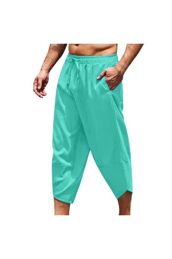 Capri Pants for Men Linen Comfy 3/4 Length Beach Pants Summer Basic Solid Color Tapered Pants with Pockets Casual Drawstring Capris Pant Sales for Today Green XXL
