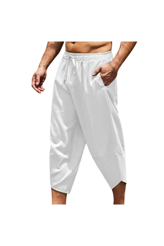 Capri Pants for Men Linen Comfy 3/4 Length Beach Pants Summer Basic Solid Color Tapered Pants with Pockets Casual Drawstring Capris Pant White XL