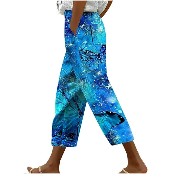 QATAINLAV Capri Pants for Women 2024 Butterfly Print Straight Leg Cropped Trousers Summer Casual Drawstring High Waisted Beach Capris Pants with Pockets Prime Sales Today Multicolor 3XL