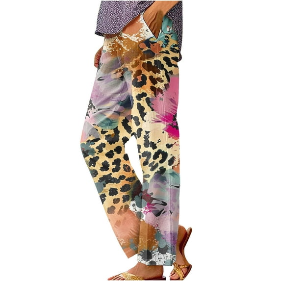 QATAINLAV Capri Pants for Women 2025 Fashion Leopard Print Straight Leg Cropped Trousers Summer Casual Elastic Waist Going Out Beach Pants with Pockets Multicolor XXL