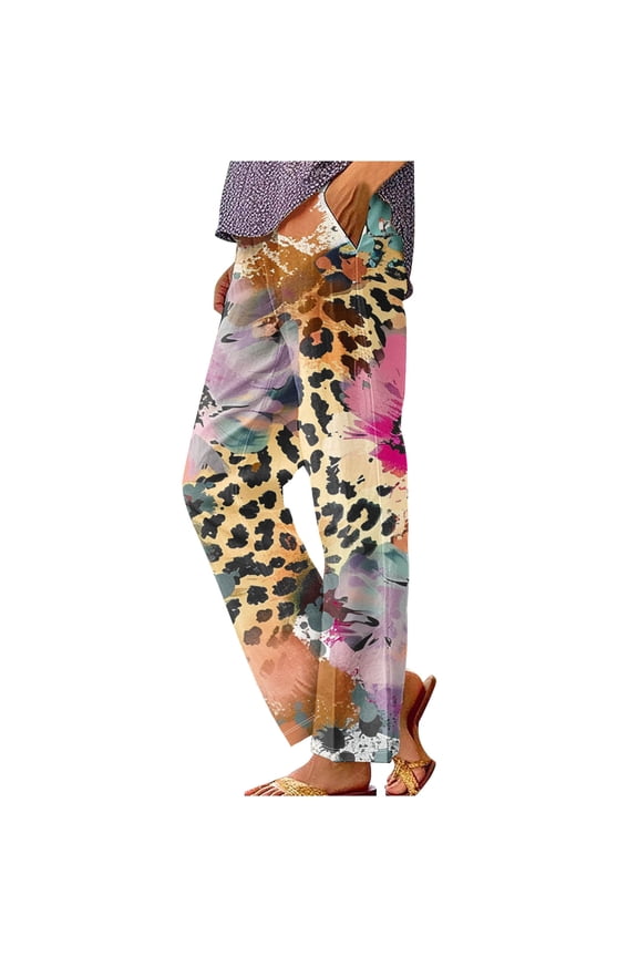 Capri Pants for Women 2026 Fashion Leopard Print Straight Leg Cropped Trousers Summer Casual Elastic Waist Going Out Beach Pants with Pockets Multicolor XL