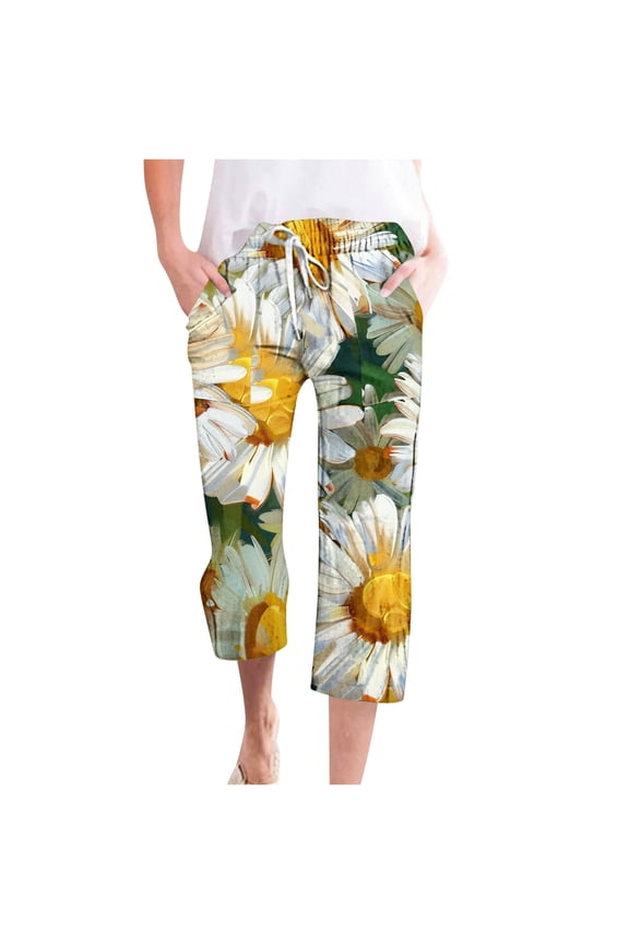 Capri Pants for Women 2024 Trendy Floral Print Cropped Trousers Casual Summer Drawstring Straight Beach Pants Linen Capris Pant with Pockets Best Sales Today Hot Pink 3XL