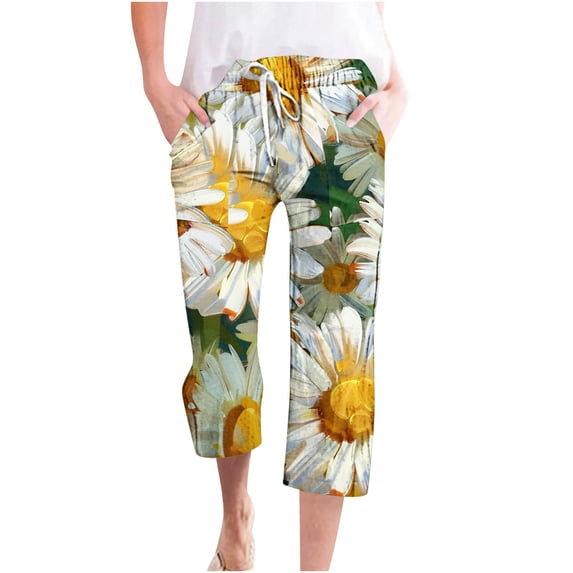 QATAINLAV Capri Pants for Women 2024 Trendy Floral Print Cropped Trousers Casual Summer Drawstring Straight Beach Pants Linen Capris Pant with Pockets Sale of the Day Hot Pink XXL