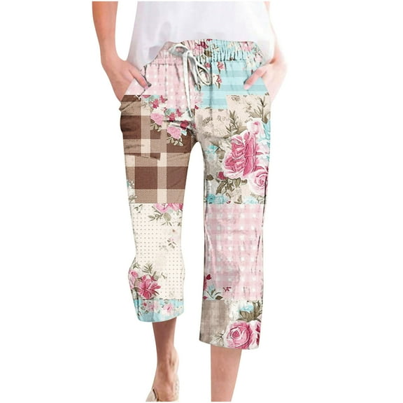 QATAINLAV Capri Pants for Women 2024 Trendy Floral Print Cropped Trousers Casual Summer Drawstring Straight Beach Pants Linen Capris Pant with Pockets Sales for Today Sky Blue XXL