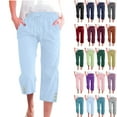 thumbnail image 1 of QATAINLAV Capri Pants for Women Casual Summer Cotton Linen Capris Drawstring Elastic High Waist Cropped Trousers Loose Plus Size Wide Leg Pants Dark Blue L 90% off Clearance Sale, 1 of 6