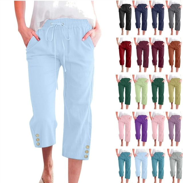 QATAINLAV Capri Pants for Women Casual Summer Cotton Linen Capris Drawstring Elastic High Waist Cropped Trousers Loose Plus Size Wide Leg Pants Dark Blue L 90% off Clearance Sale