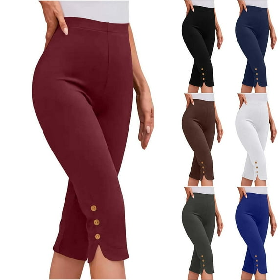 QATAINLAV Capri Pants for Women Casual Summer Cropped Pants Elastic Waist Comfy Workout Capris Button Bottom Slit Yoga Pants Black XXXL on Sale Clearance 2025