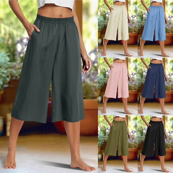 QATAINLAV Capri Pants for Women Loose Wide Leg Linen Summer Cropped Pants Drawstring Elastic Waist Capris Trousers with Pockets Black L