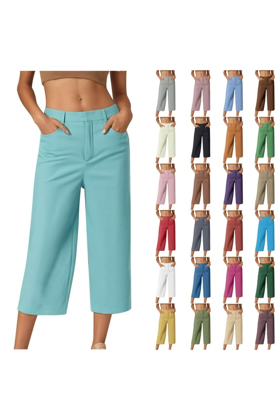 Capri Pants for Women Summer 2025 Casual Stretch Cropped Trouser Loose Comfy Wide Leg Dress Capris with Pockets Green XL Camisas Para Hombres