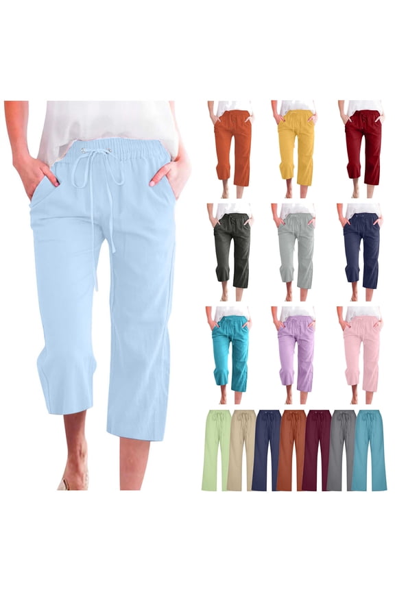 Summer Capri Pants with Pockets for Women Loose Fit Wide Leg Cropped Trousers Casual Drawstring Linen Beach Capris Brown L