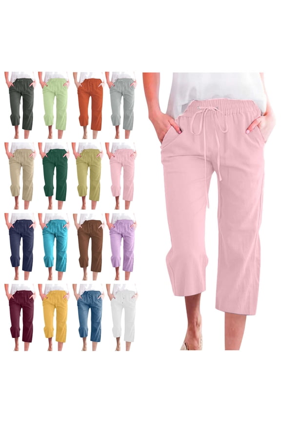 Capri Pants for Women Summer Linen Loose Fit Cropped Trousers Casual Drawstring Wide Leg Beach Pants Solid Straight Capris Pant with Pockets Pink XXXXL