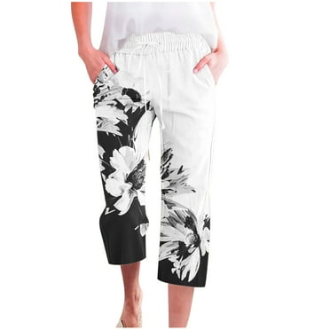 QATAINLAV Capri Pants for Women, Womens Capri Pants High Waist Drawstring Linen Pants Summer Comfy Wide Leg Cropped Trousers Trendy Floral Print Straight Pants, Blusas de Mujer, Multicolor, L