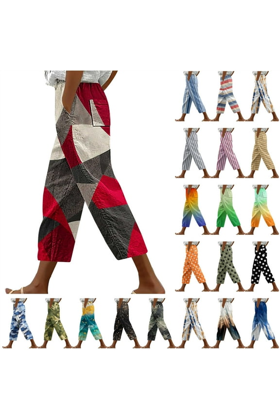 Capri Pants for Women 2025 Summer Cotton Linen Hawaiian Print Wide Leg Cropped Pants with Pockets Multicolor XL Sales of The Week