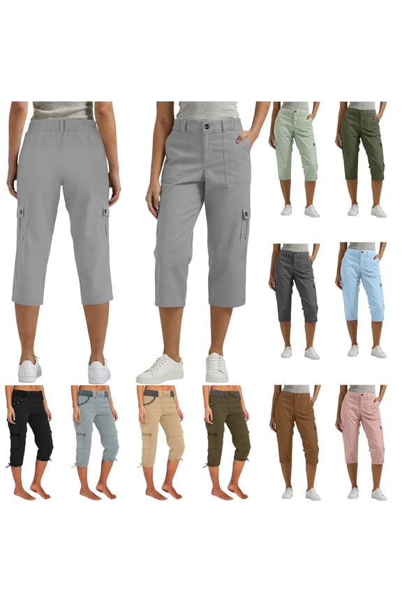 Capri Pants for Women Casual Summer Spring Stretch Straight Leg Cargo Capris with Pockets Rolled Hem Cropped Trouser Army Green M