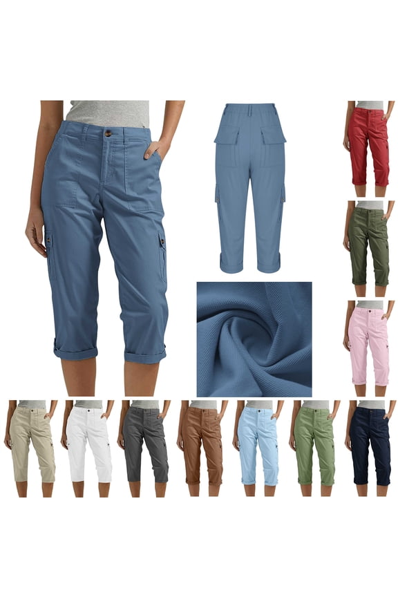 Capri Pants for Women Casual Summer Stretch Straight Leg Pulll On Cargo Capris with Pockets Rolled Hem Cropped Trousers, White, L