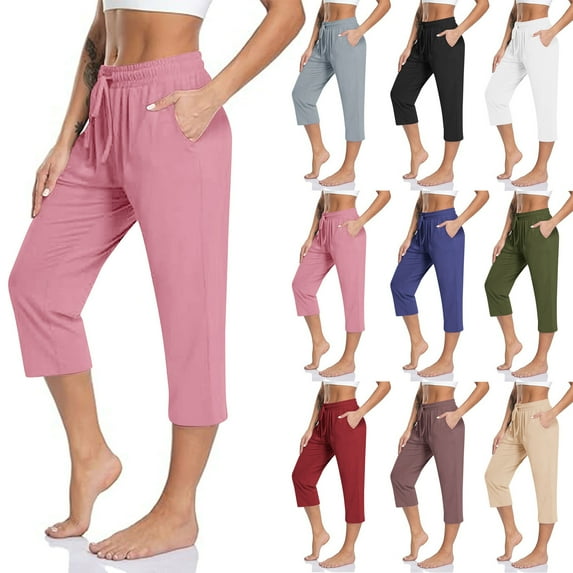 QATAINLAV Capri Pants for Women Drawstring High Waist Wide Leg Yoga Cropped Pants Loose Casual Summer Capris with Pockets Red XXL Mothers Day Gifts