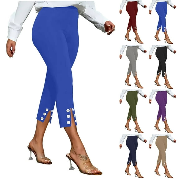 QATAINLAV Capri Pants for Women High Waisted Casual Dressy Pull On Stretch Yoga Leggings Button Side Slits Bottom Cropped Trousers, Khaki, S